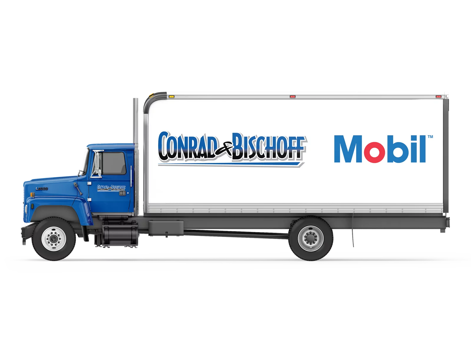 Cartoon style image of a truck with Conrad and Bischoff logo and Mobil logo.