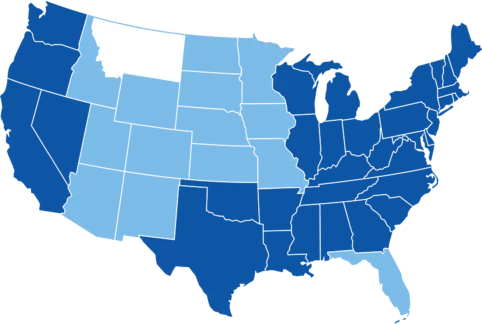 US map colored in blue showing Conrad and Bischoff locations and branches.