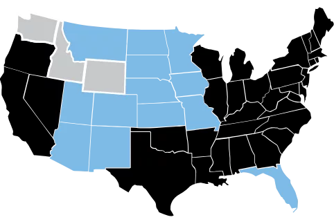 US map colored in blue showing Conrad and Bischoff locations and branches.